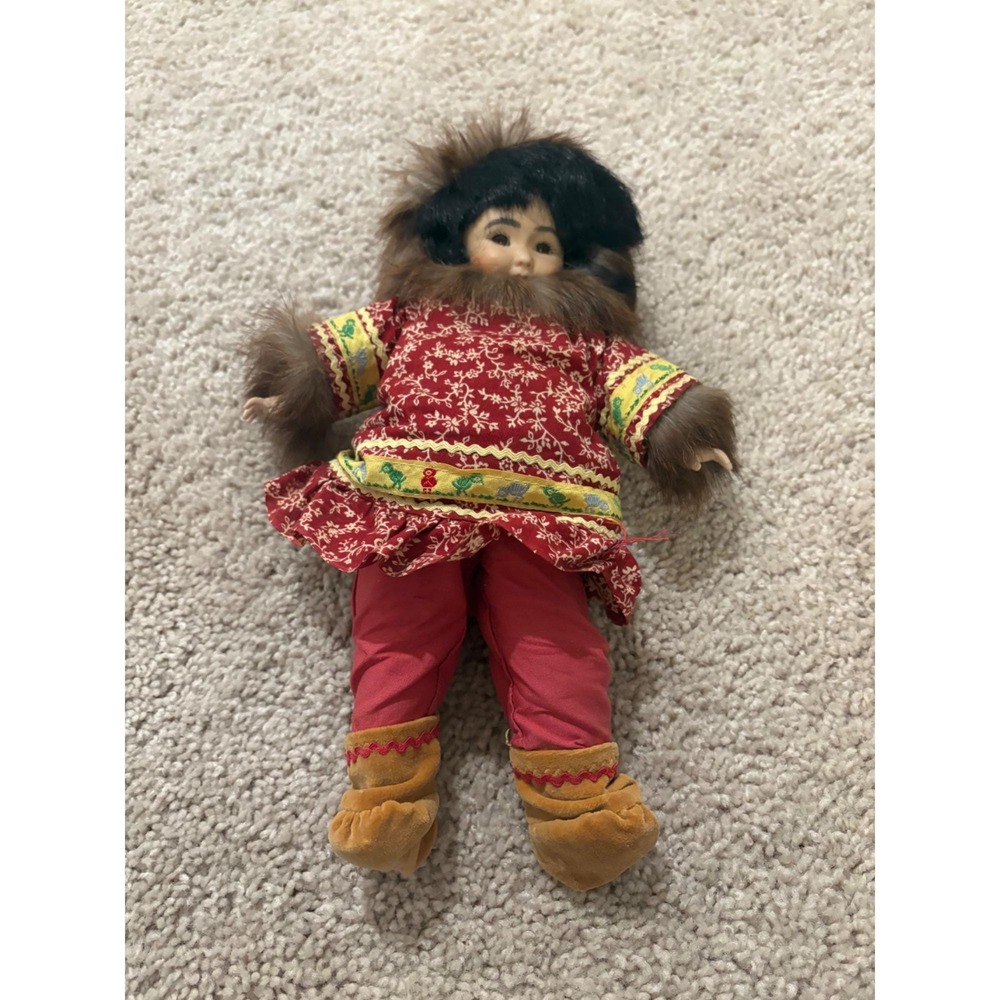 Vintage Arctic-Inspired Porcelain Eskimo Doll Tall‎ Wooden Body Moveable Legs